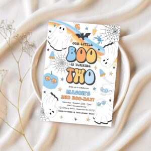 Editable little boo halloween ghost 2nd birthday party invitation groovy rainbow ghost party hippie halloween party instant download v1 1