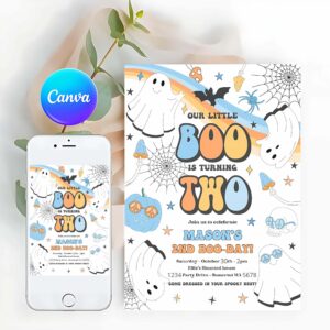 Little Boo Invitation, Little Boo Halloween Ghost 2nd Birthday Party Invitation Groovy Rainbow Ghost Party Hippie Halloween Party