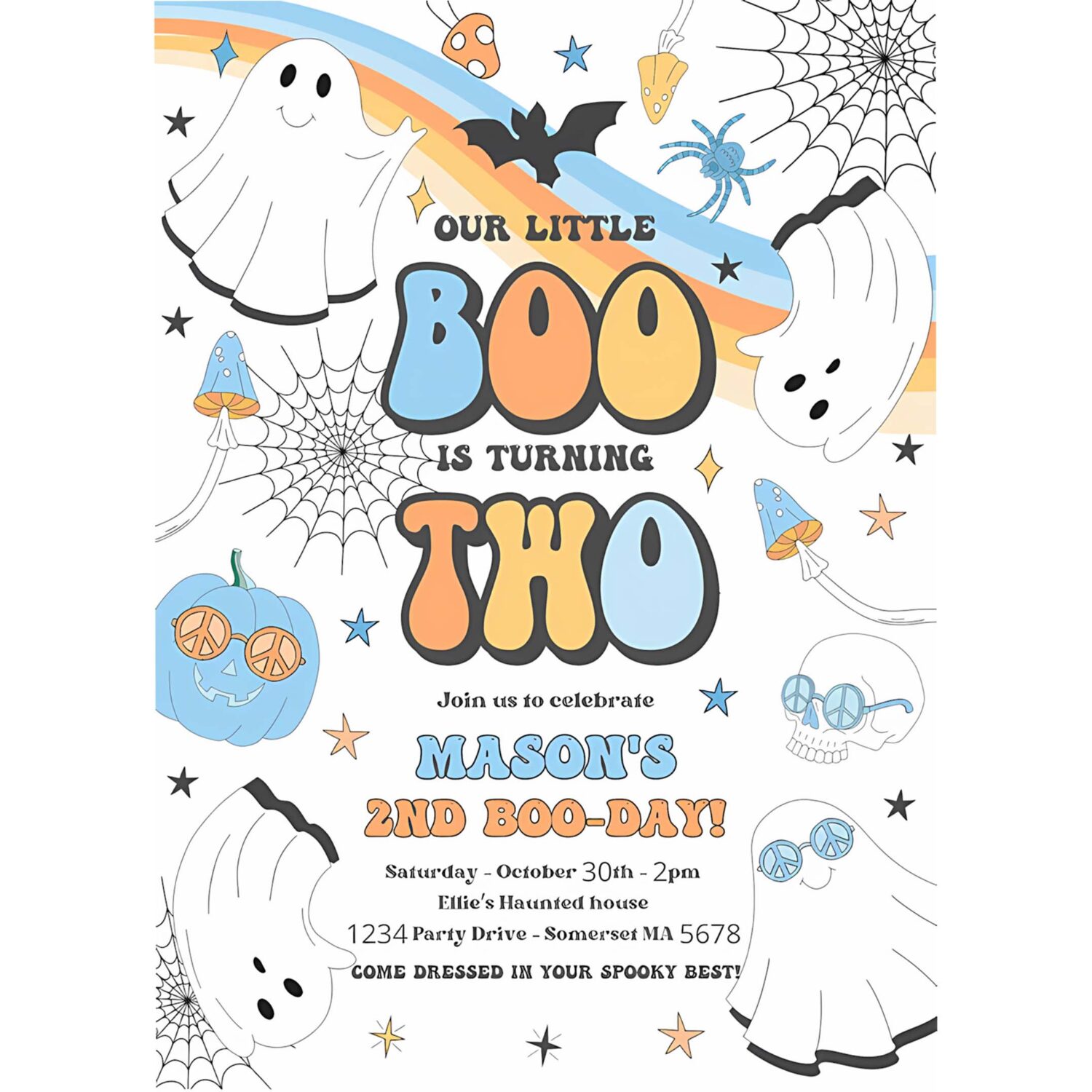 Editable little boo halloween ghost 2nd birthday party invitation groovy rainbow ghost party hippie halloween party instant download v1 4