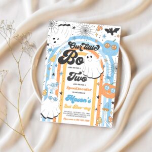 Editable little boo halloween ghost 2nd birthday party invitation groovy rainbow ghost party hippie halloween party instant download v6 1