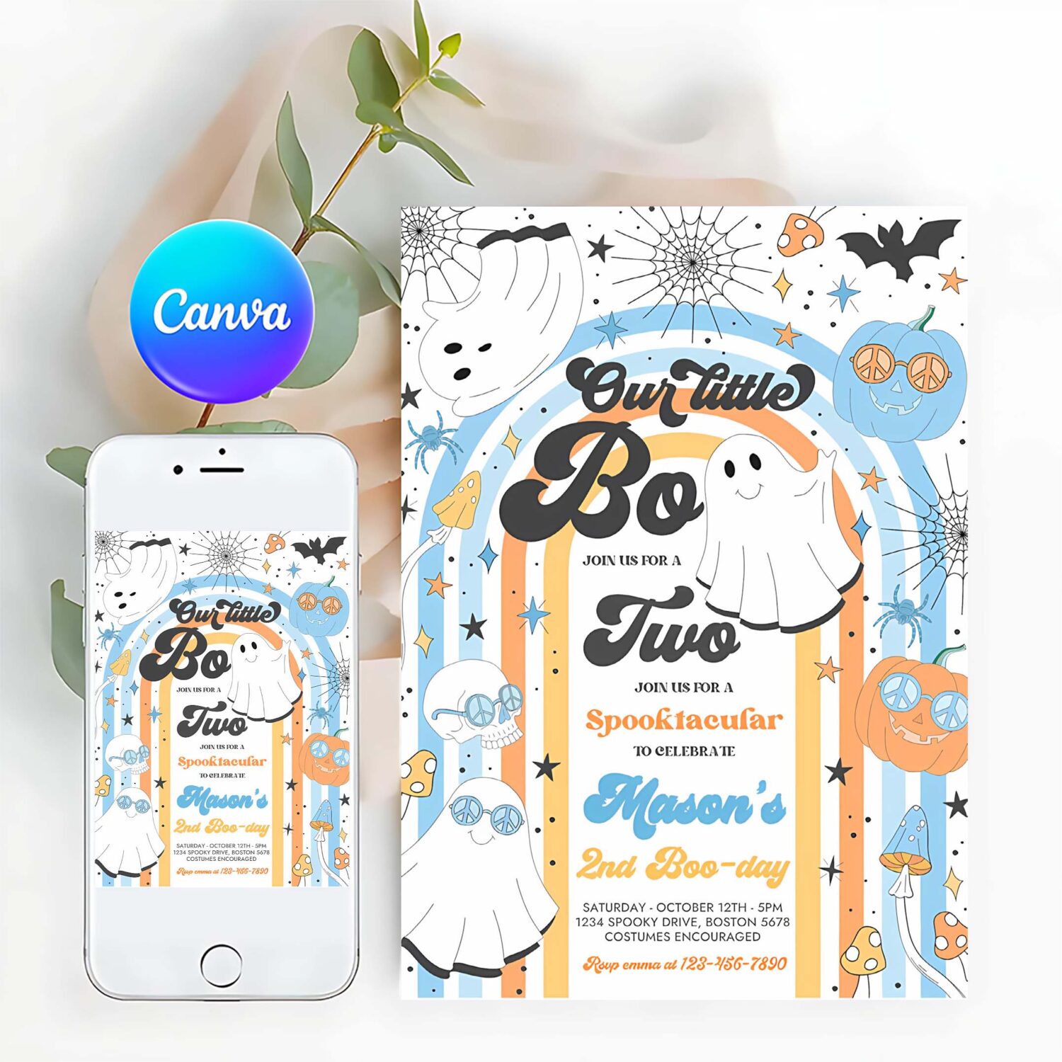 Editable little boo halloween ghost 2nd birthday party invitation groovy rainbow ghost party hippie halloween party instant download v6