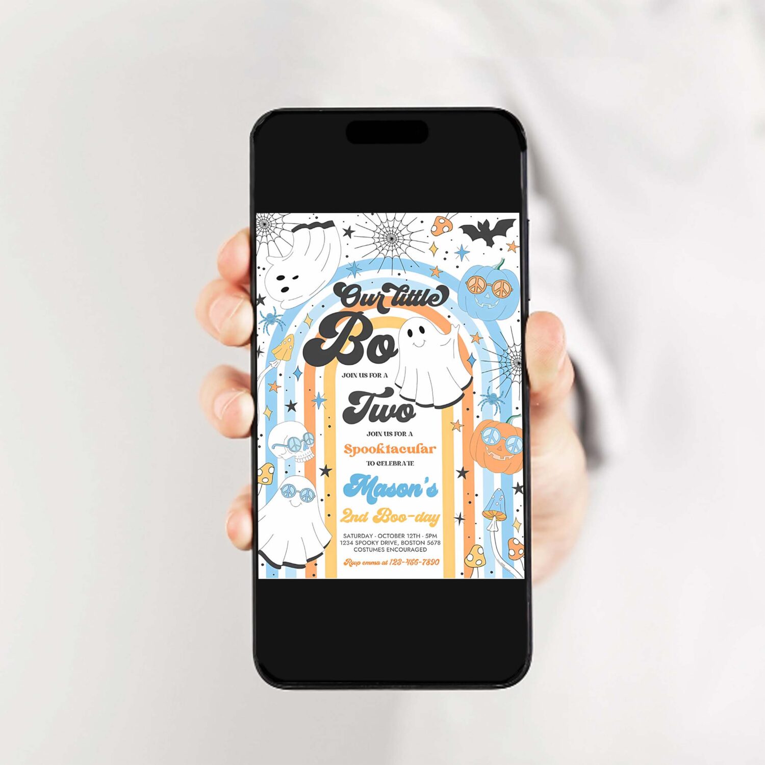 Editable little boo halloween ghost 2nd birthday party invitation groovy rainbow ghost party hippie halloween party instant download v6 2