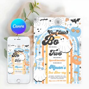 Little Boo Invitation, Little Boo Halloween Ghost 2nd Birthday Party Invitation Groovy Rainbow Ghost Party Hippie Halloween Party