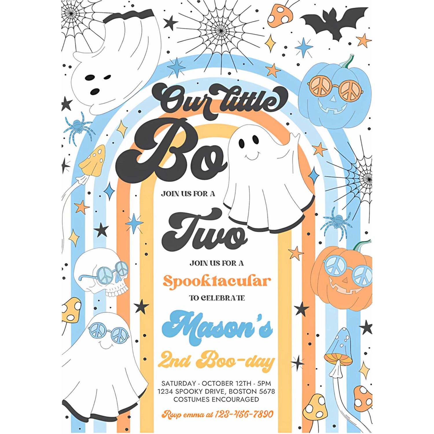 Editable little boo halloween ghost 2nd birthday party invitation groovy rainbow ghost party hippie halloween party instant download v6 4