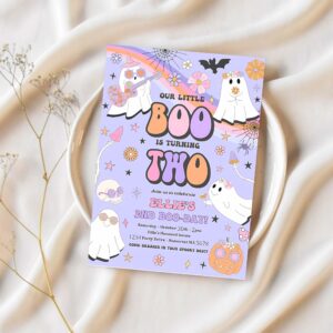 Editable little boo halloween ghost 2nd birthday party invitation groovy rainbow ghost party hippie halloween party instant download v7 1