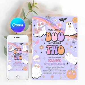 Little Boo Invitation, Little Boo Halloween Ghost 2nd Birthday Party Invitation Groovy Rainbow Ghost Party Hippie Halloween Party