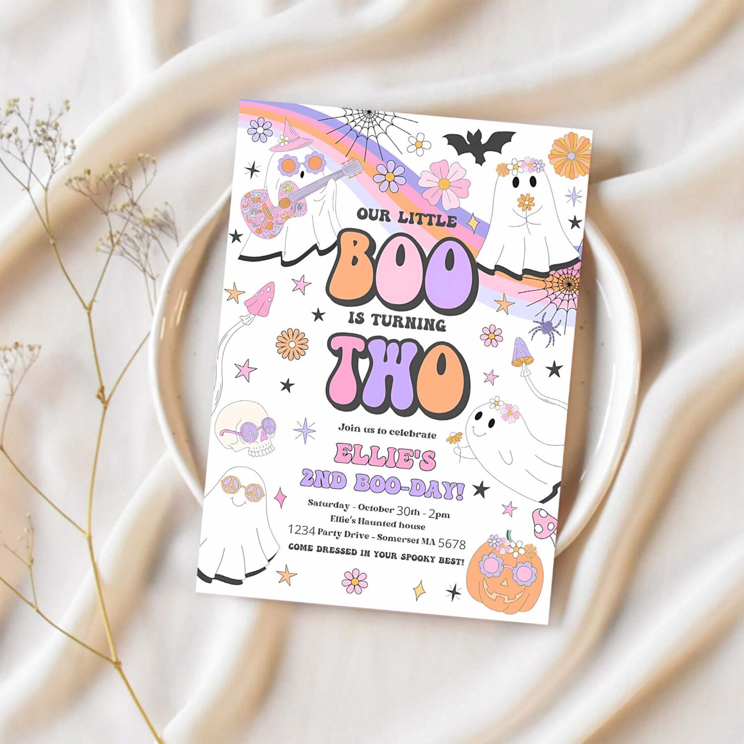 Editable little boo halloween ghost 2nd birthday party invitation groovy rainbow ghost party hippie halloween party instant download v9 1