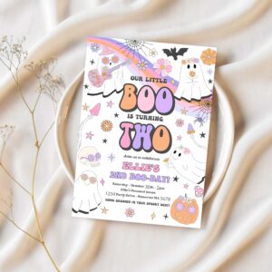 Editable little boo halloween ghost 2nd birthday party invitation groovy rainbow ghost party hippie halloween party instant download v9 1