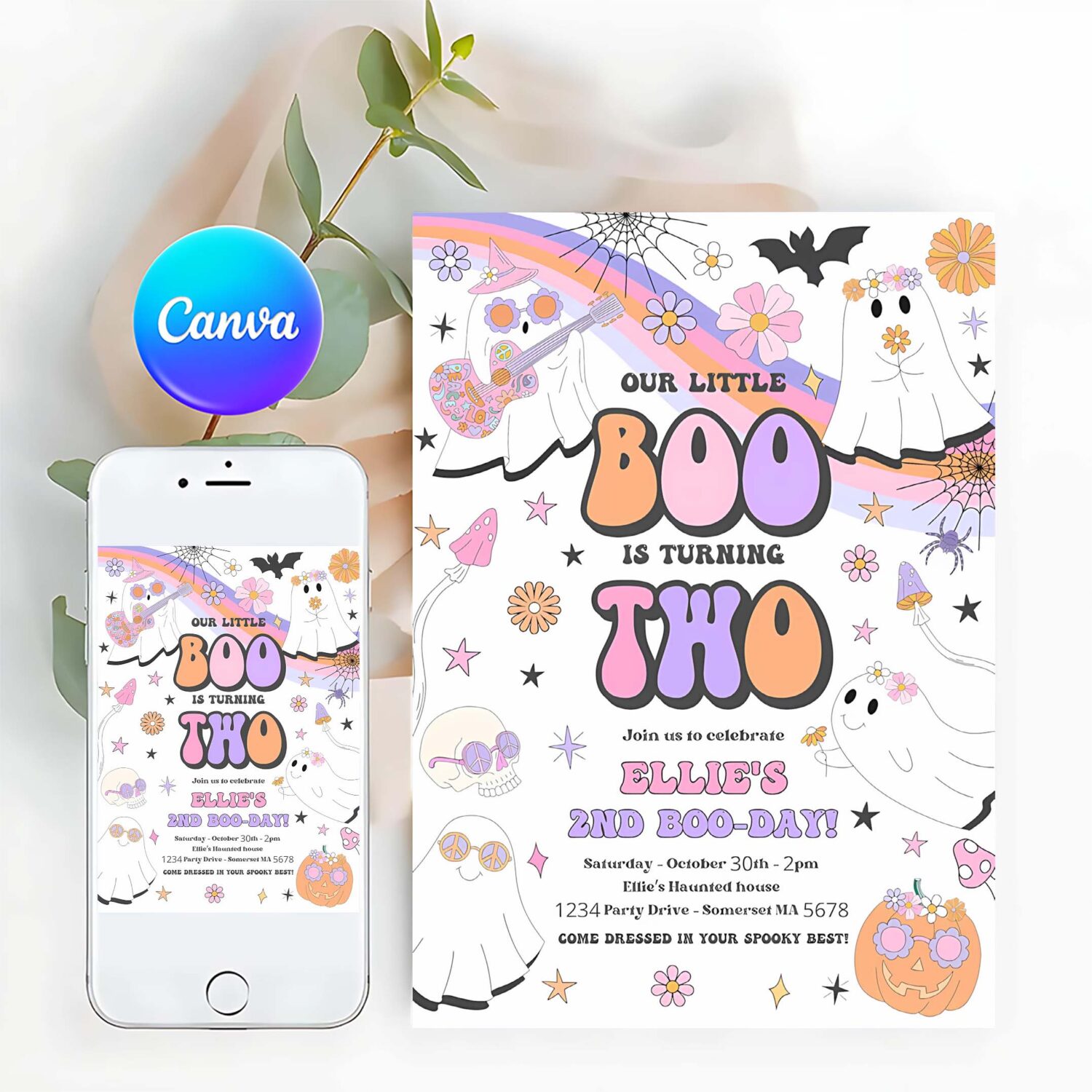 Editable little boo halloween ghost 2nd birthday party invitation groovy rainbow ghost party hippie halloween party instant download v9