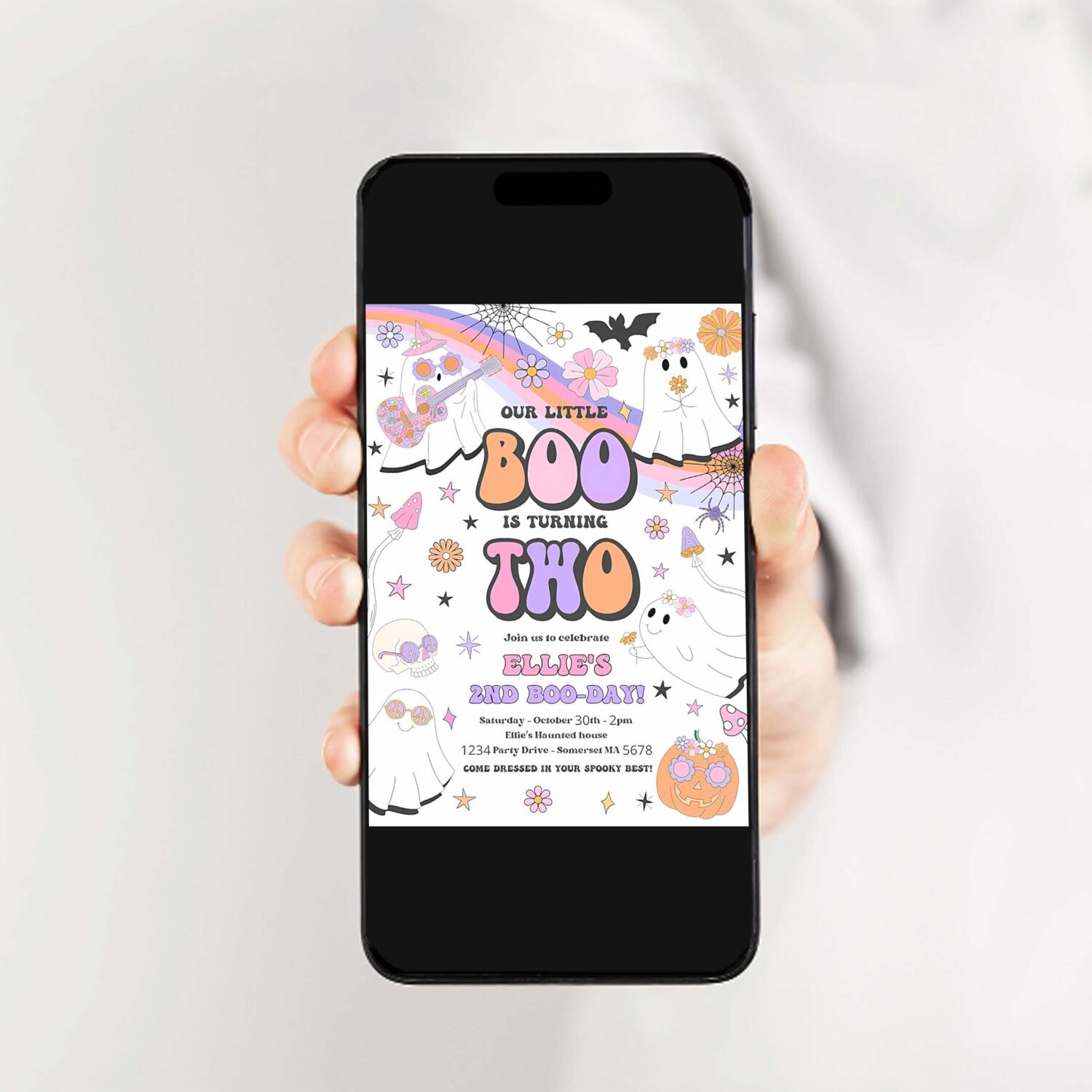 Editable little boo halloween ghost 2nd birthday party invitation groovy rainbow ghost party hippie halloween party instant download v9 2