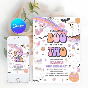 Little Boo Invitation, Little Boo Halloween Ghost 2nd Birthday Party Invitation Groovy Rainbow Ghost Party Hippie Halloween Party