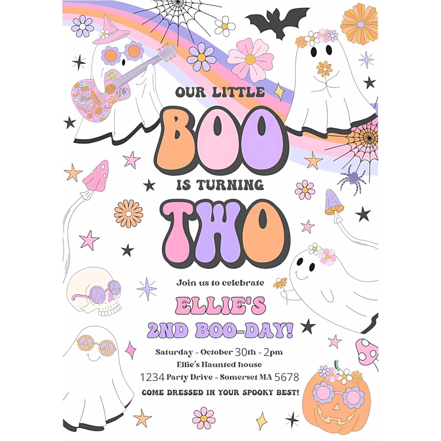 Editable little boo halloween ghost 2nd birthday party invitation groovy rainbow ghost party hippie halloween party instant download v9 4
