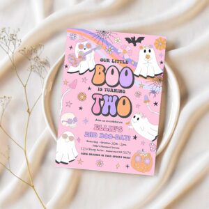 Editable little boo halloween ghost 2nd birthday party invitation groovy rainbow ghost party hippie halloween party instant download vu 1