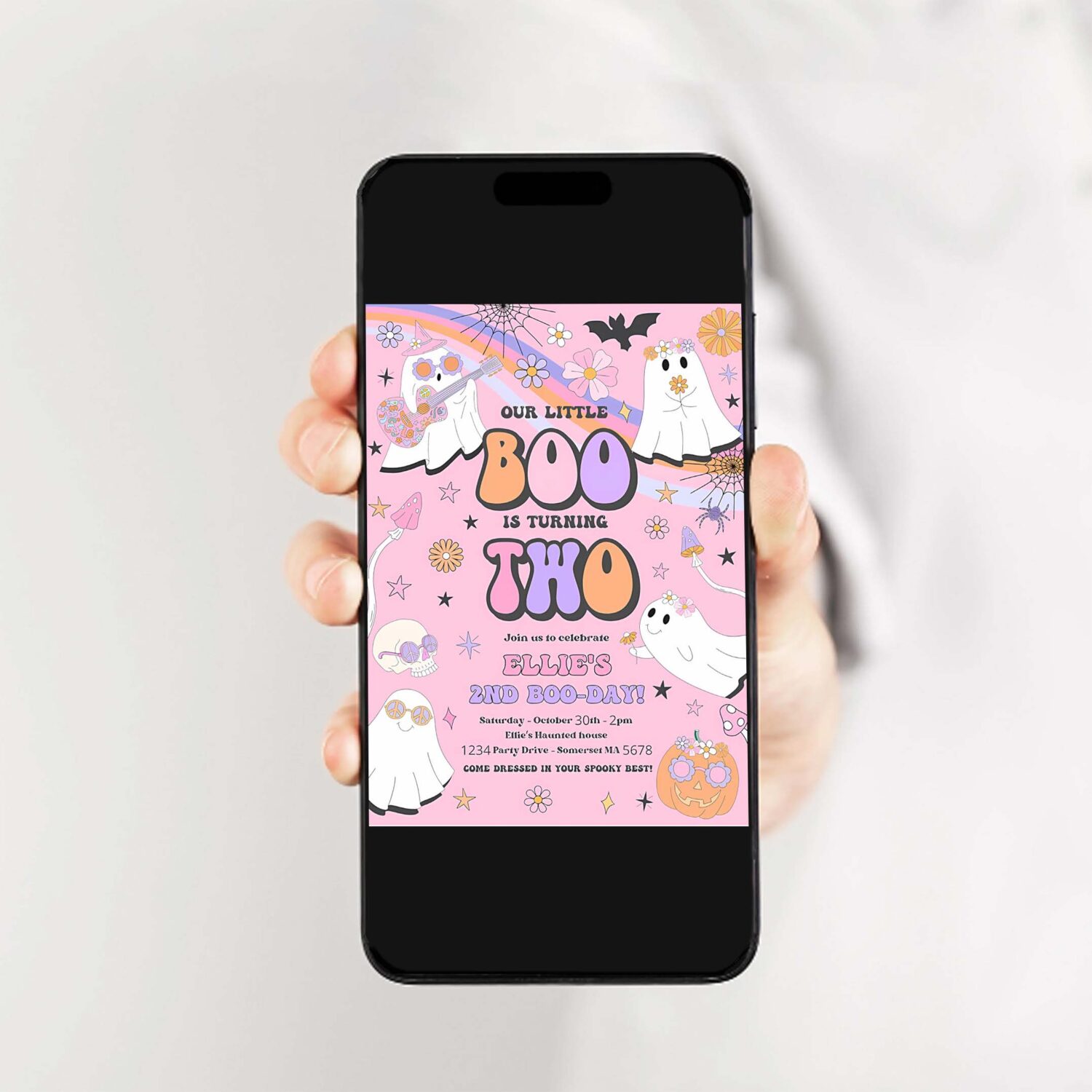 Editable little boo halloween ghost 2nd birthday party invitation groovy rainbow ghost party hippie halloween party instant download vu 2