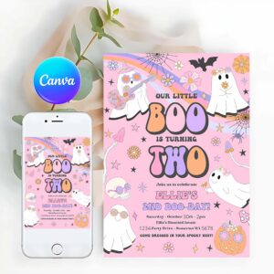 Little Boo Invitation, Little Boo Halloween Ghost 2nd Birthday Party Invitation Groovy Rainbow Ghost Party Hippie Halloween Party