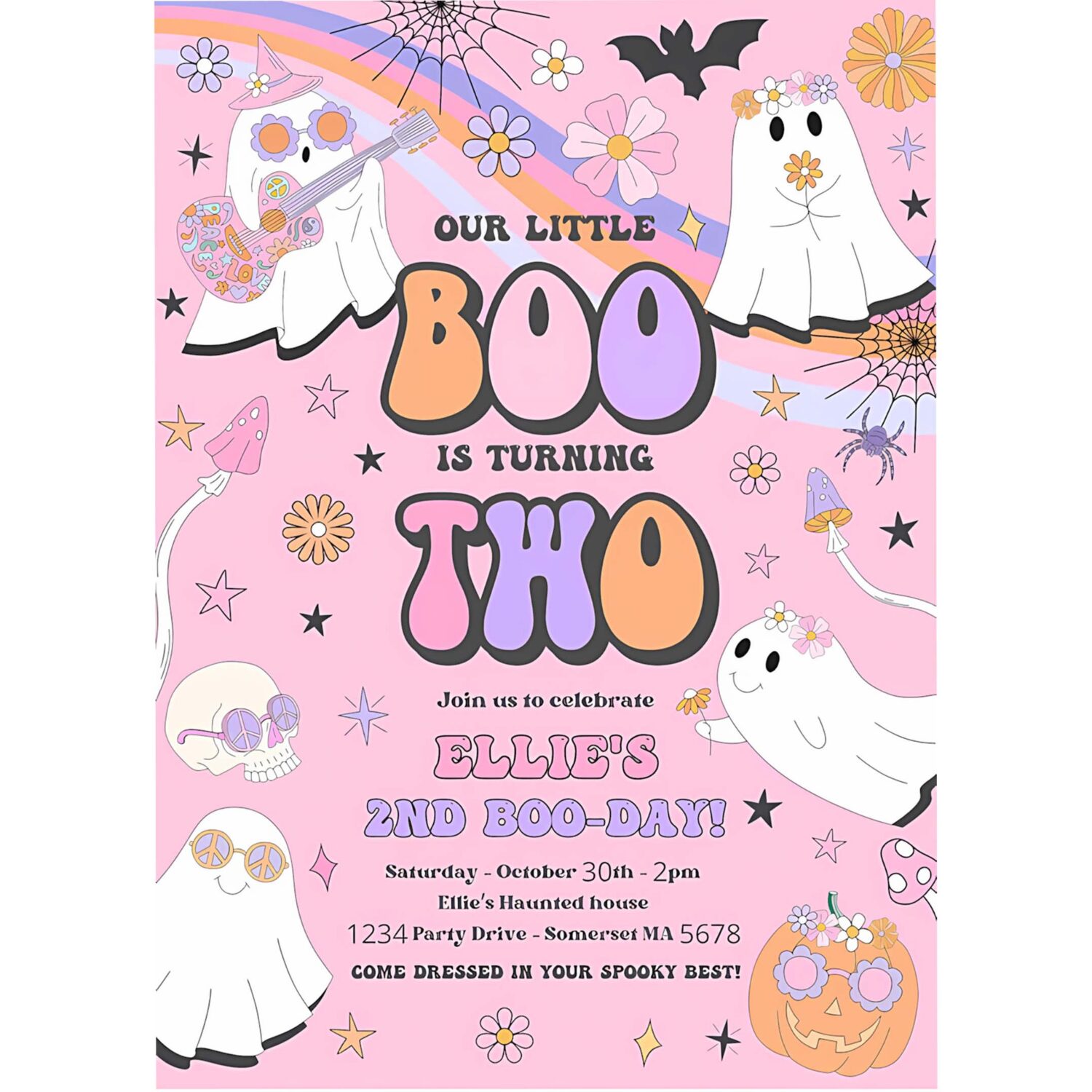 Editable little boo halloween ghost 2nd birthday party invitation groovy rainbow ghost party hippie halloween party instant download vu 4