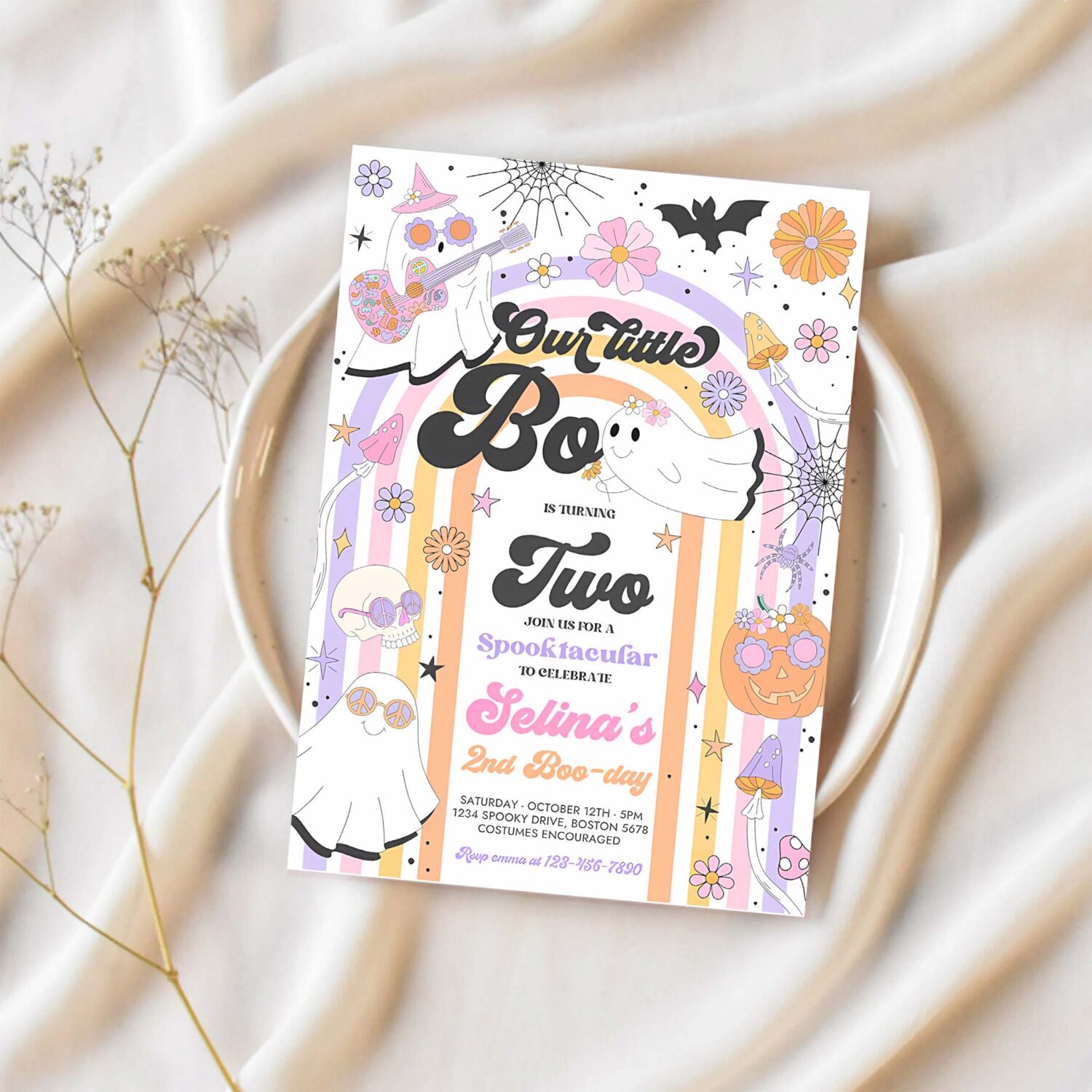 Editable little boo halloween ghost 2nd birthday party invites groovy rainbow ghost party hippie halloween party instant download v6 1