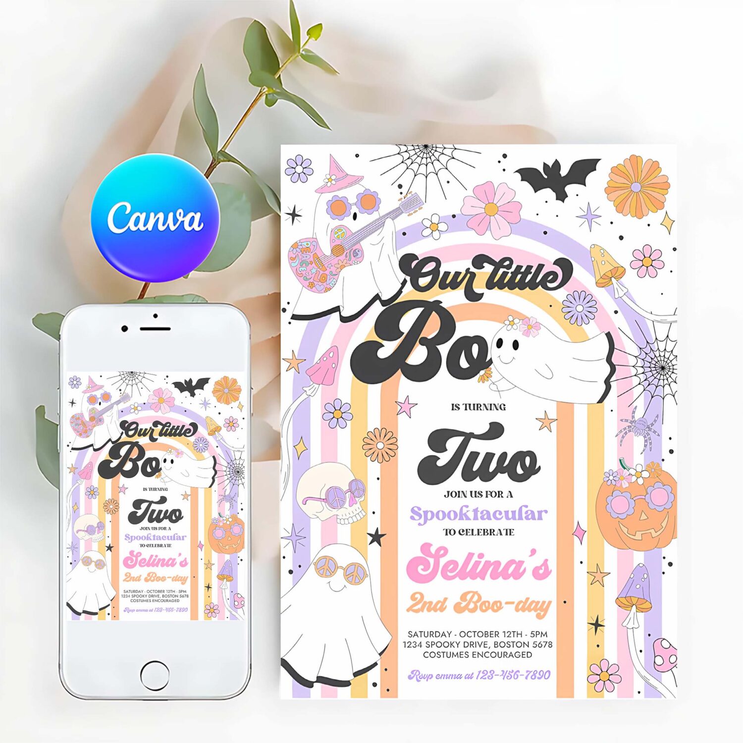 Editable little boo halloween ghost 2nd birthday party invites groovy rainbow ghost party hippie halloween party instant download v6