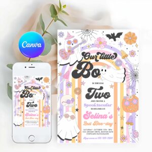 Little Boo Invitation, Little Boo Halloween Ghost 2nd Birthday Party Invites Groovy Rainbow Ghost Party Hippie Halloween Party