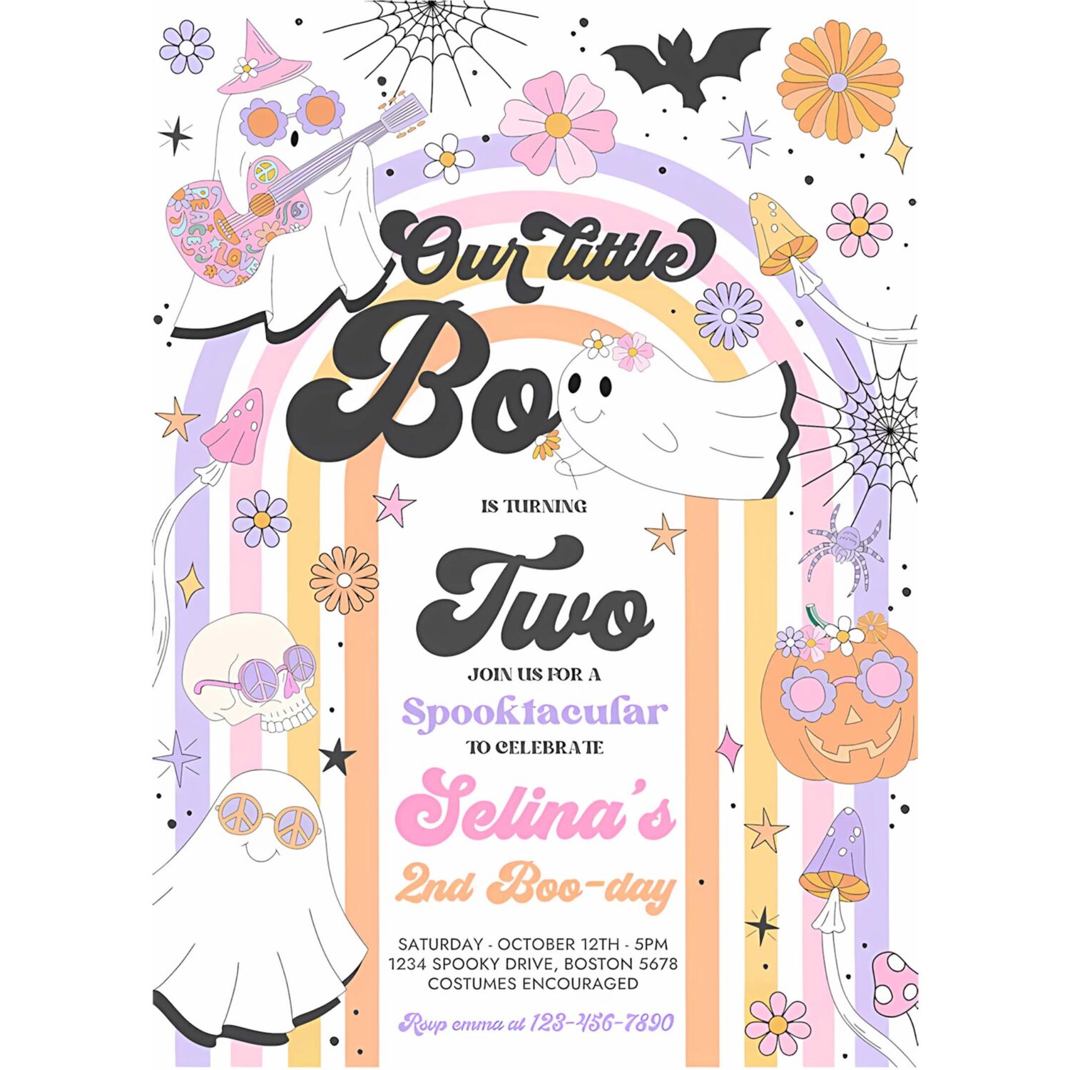 Editable little boo halloween ghost 2nd birthday party invites groovy rainbow ghost party hippie halloween party instant download v6 4