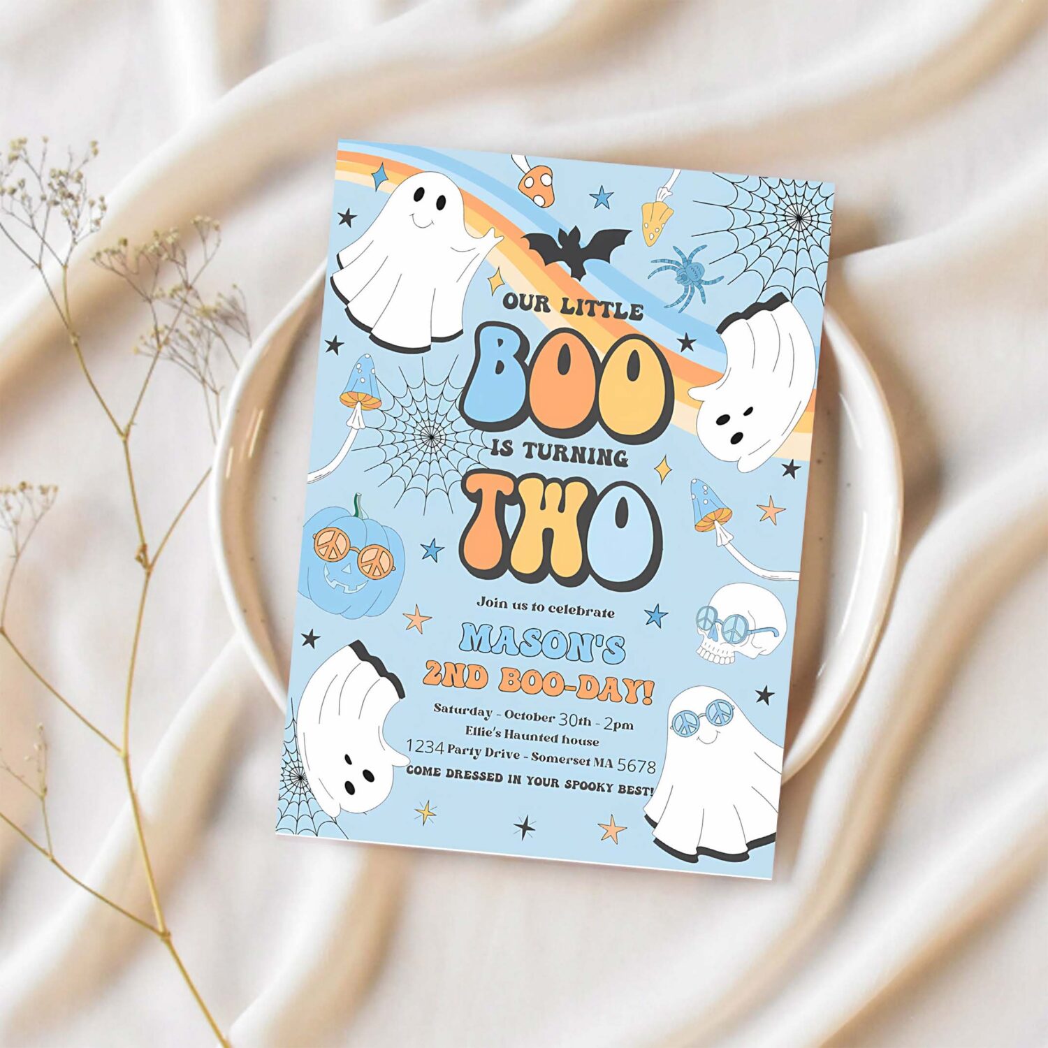 Editable little boo halloween ghost 2nd party invitation groovy rainbow ghost party hippie halloween party instant download v1 1