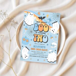 Editable little boo halloween ghost 2nd party invitation groovy rainbow ghost party hippie halloween party instant download v1 1
