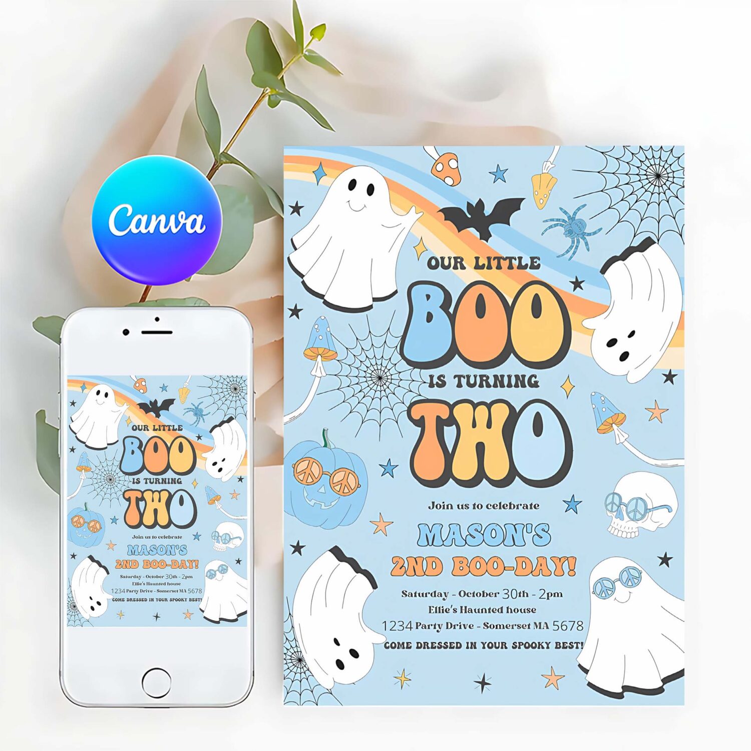 Editable little boo halloween ghost 2nd party invitation groovy rainbow ghost party hippie halloween party instant download v1