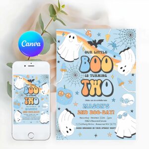 Little Boo Invitation, Little Boo Halloween Ghost 2nd Party Invitation Groovy Rainbow Ghost Party Hippie Halloween Party