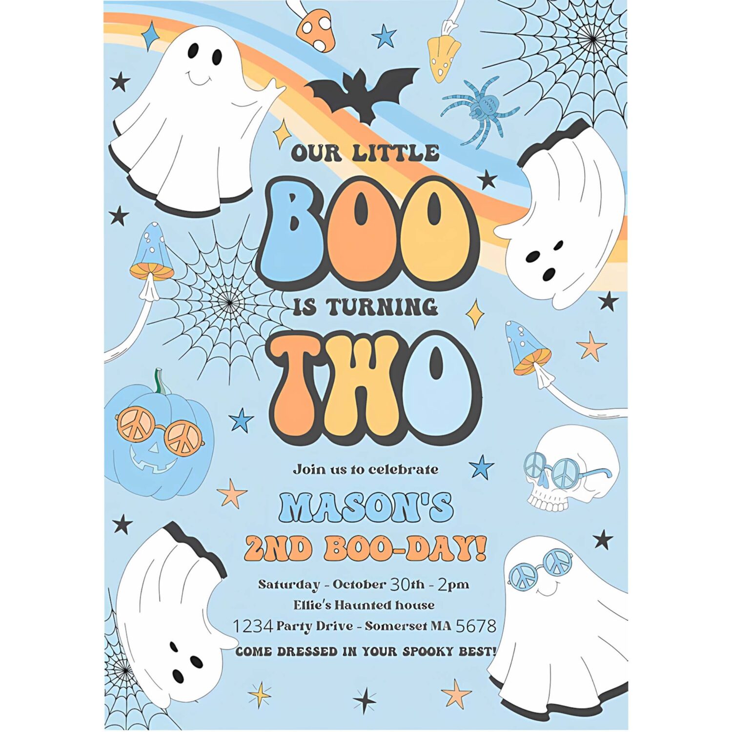 Editable little boo halloween ghost 2nd party invitation groovy rainbow ghost party hippie halloween party instant download v1 4