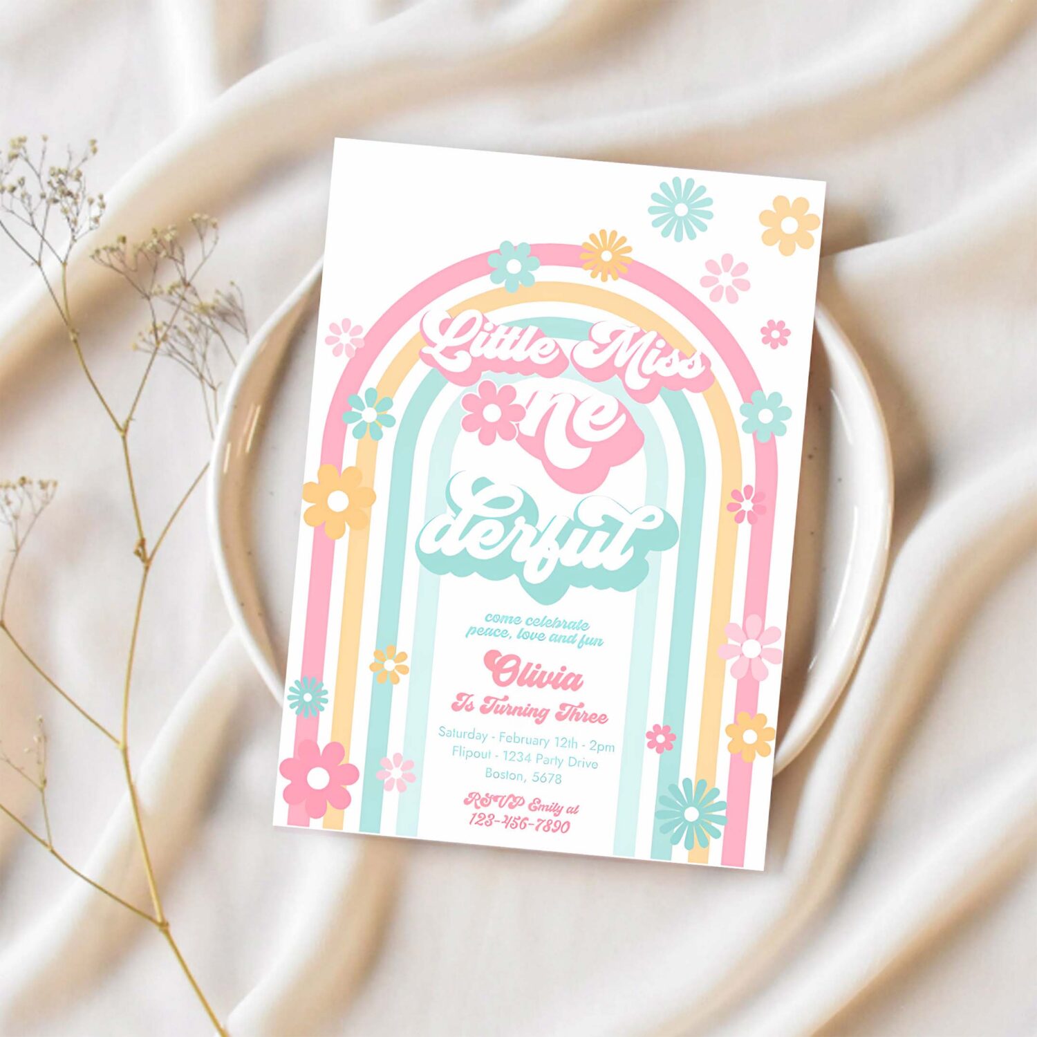 Editable little miss onederful daisy 1st birthday invitation boho retro groovy hippie floral 70s birthday party 1