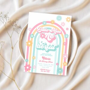 Editable little miss onederful daisy 1st birthday invitation boho retro groovy hippie floral 70s birthday party 1