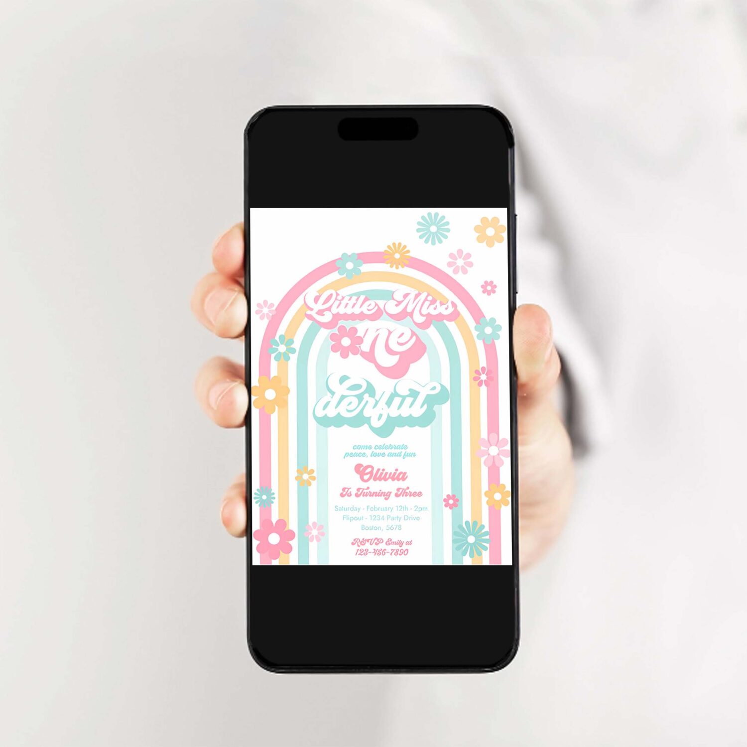 Editable little miss onederful daisy 1st birthday invitation boho retro groovy hippie floral 70s birthday party 2