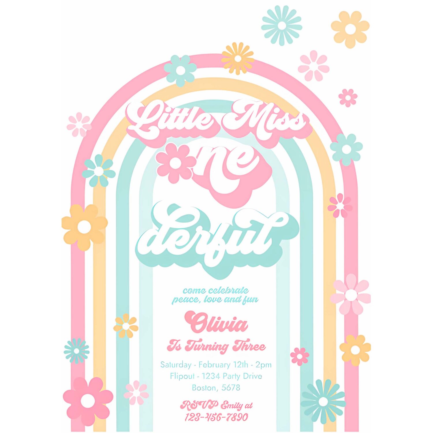 Editable little miss onederful daisy 1st birthday invitation boho retro groovy hippie floral 70s birthday party 4