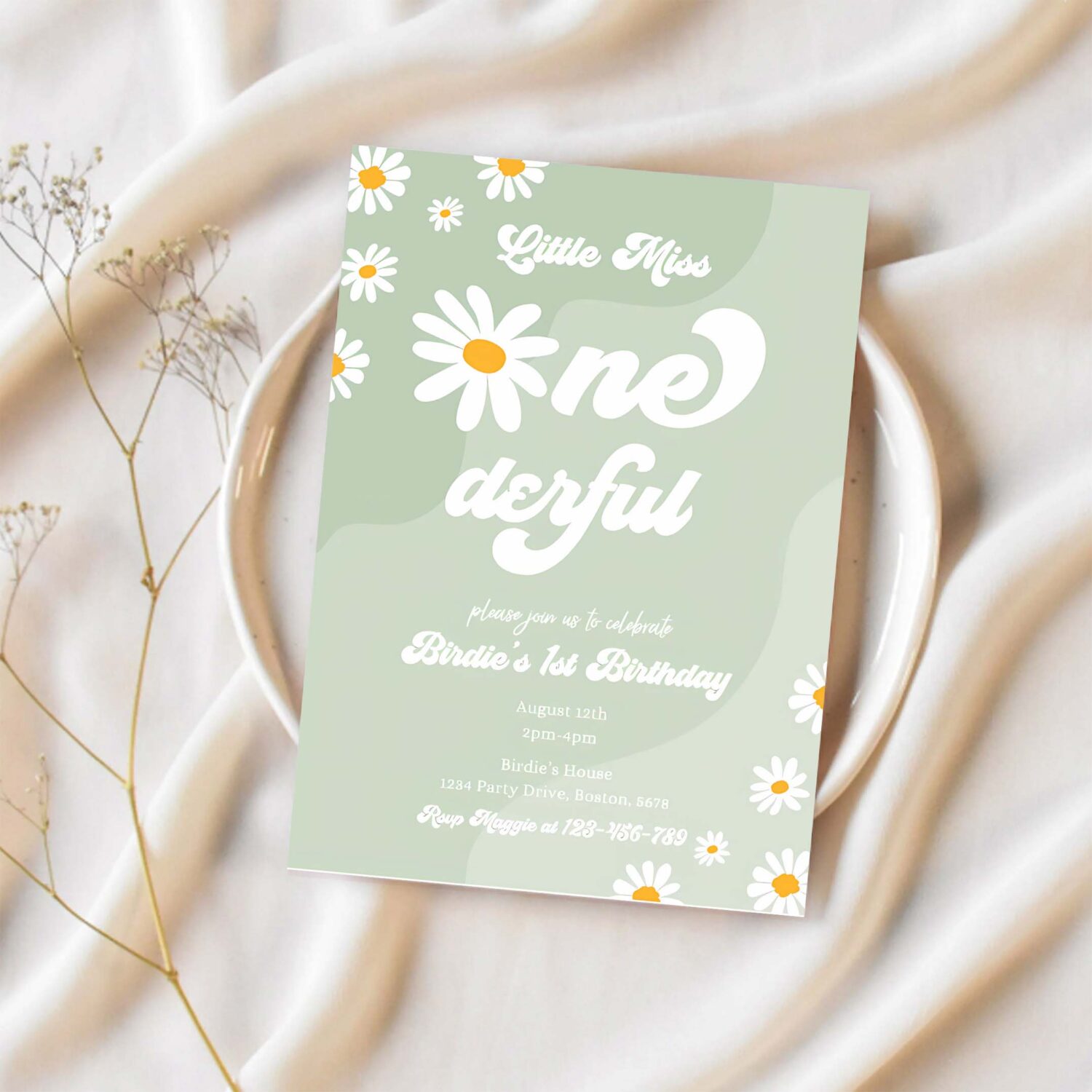 Editable little miss onederful daisy 1st birthday party invitation boho retro groovy hippie floral 70s birthday party 1