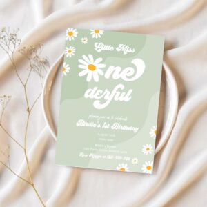 Editable little miss onederful daisy 1st birthday party invitation boho retro groovy hippie floral 70s birthday party 1