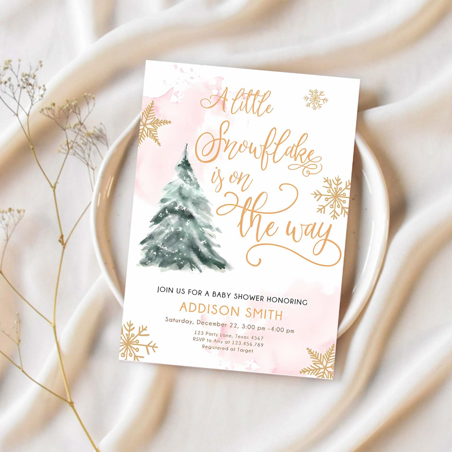 Editable little snowflake on the way baby shower invitation winter baby shower baby its cold outside watercolor template download corjl 0363 1
