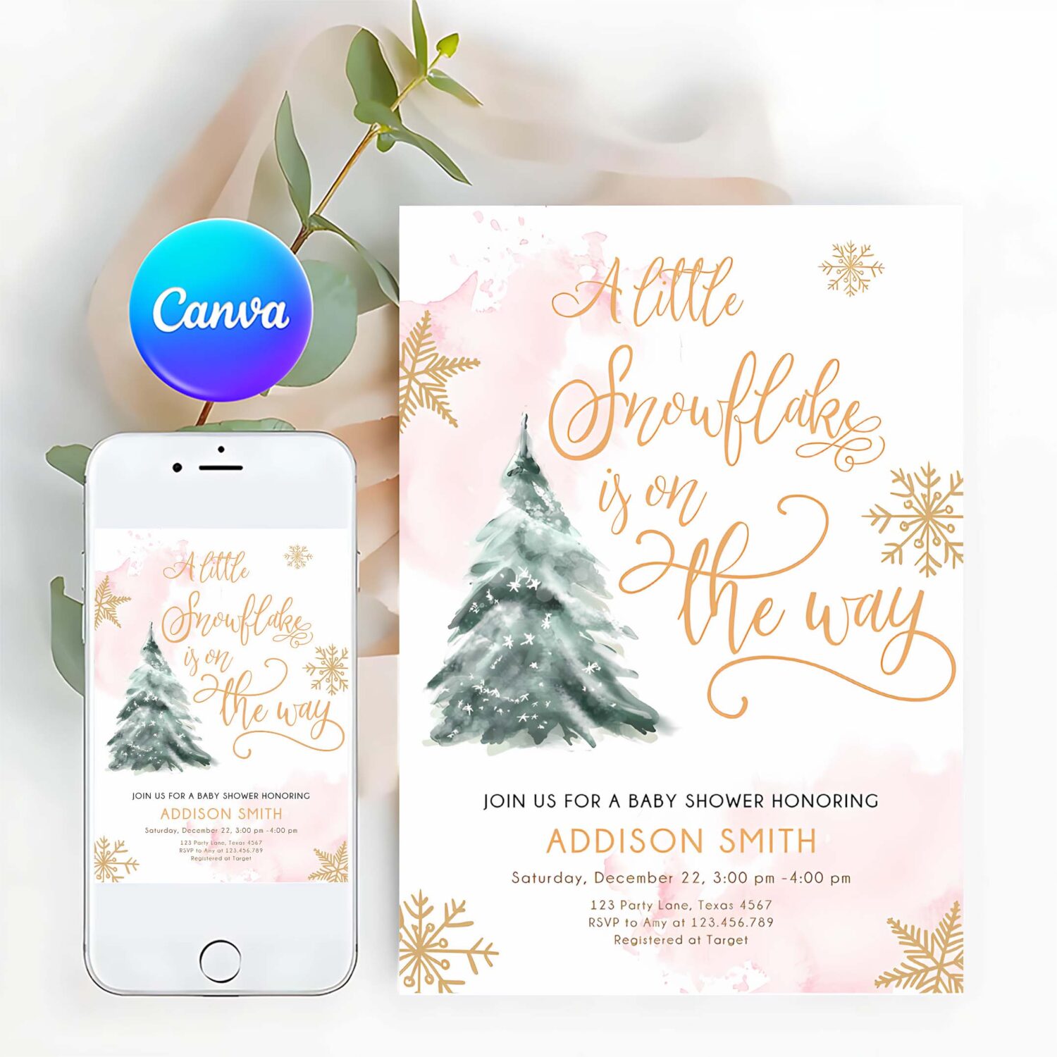 Editable little snowflake on the way baby shower invitation winter baby shower baby its cold outside watercolor template download corjl 0363