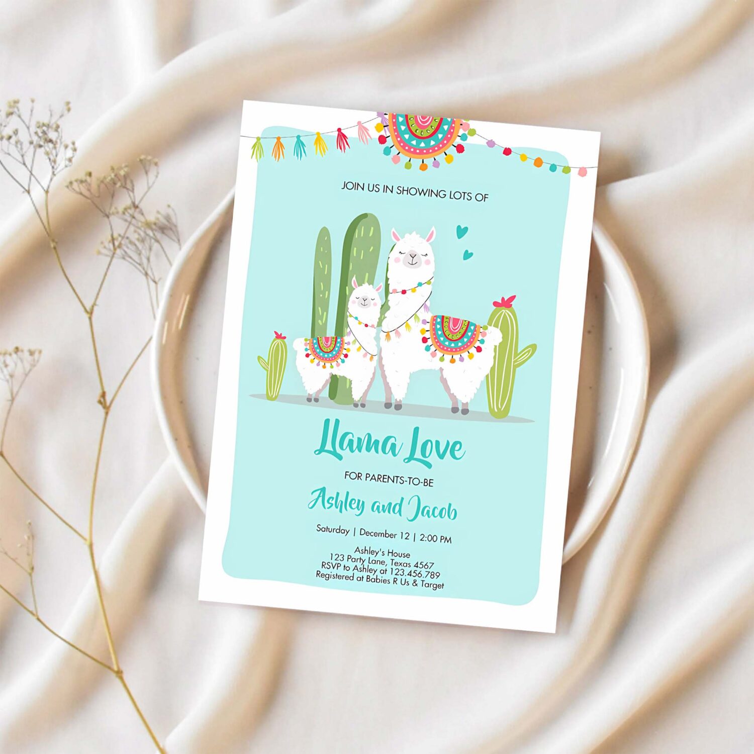 Editable llama baby shower invitation blue boy llama love fiesta cactus mexican couples shower download printable template corjl 0079 1