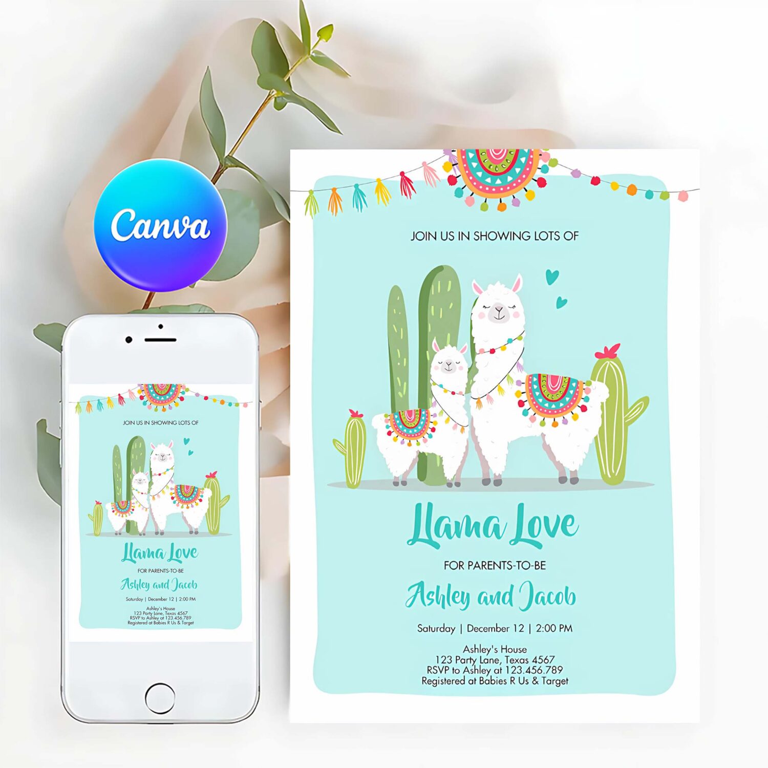 Editable llama baby shower invitation blue boy llama love fiesta cactus mexican couples shower download printable template corjl 0079