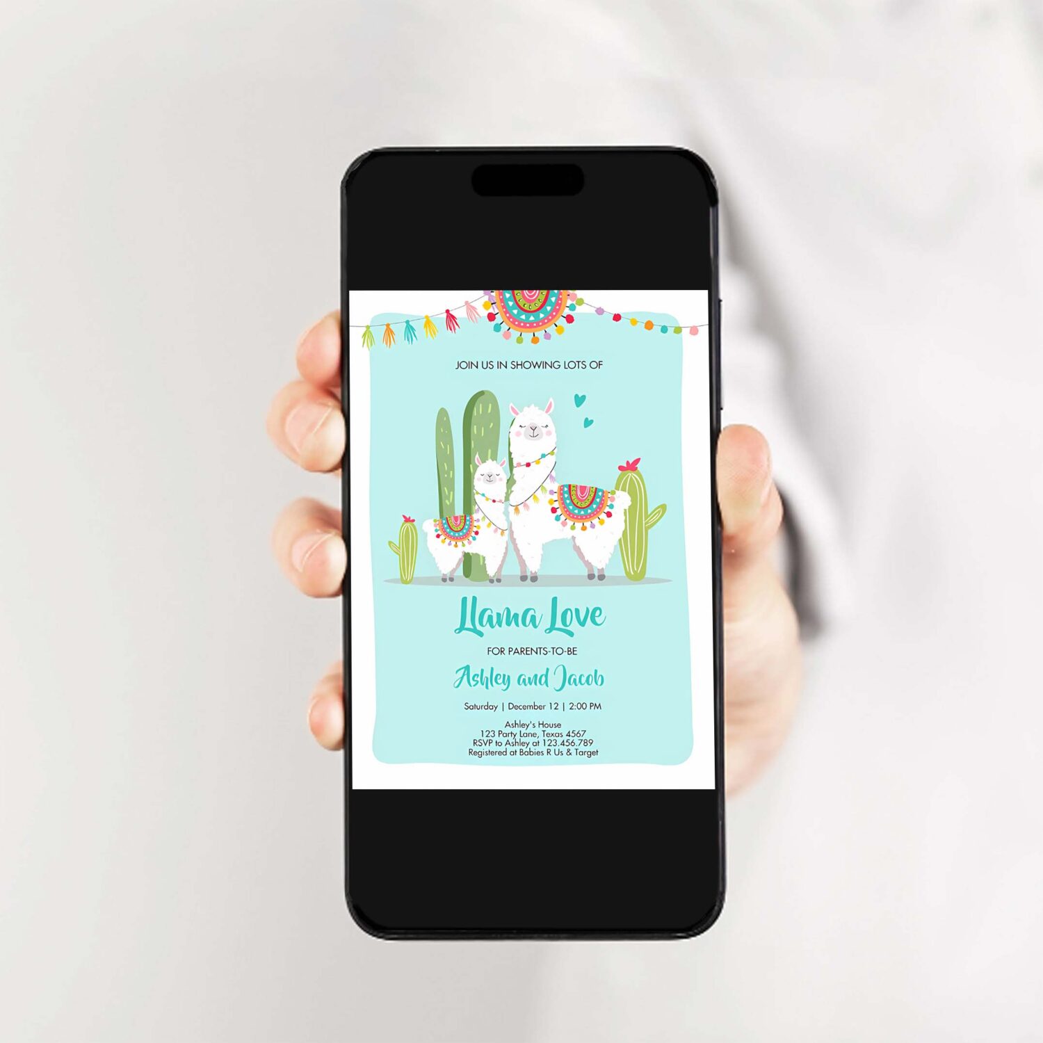 Editable llama baby shower invitation blue boy llama love fiesta cactus mexican couples shower download printable template corjl 0079 2
