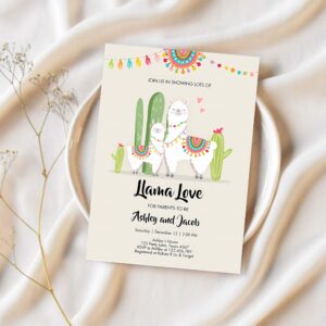 Editable llama baby shower invitation llama love fiesta cactus mexican couples coed shower digital download printable corjl template 0079 1