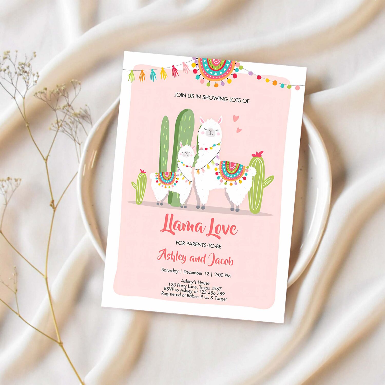 Editable llama baby shower invitation llama love fiesta cactus mexican couples coed shower pink girl download printable corjl template 0079 1