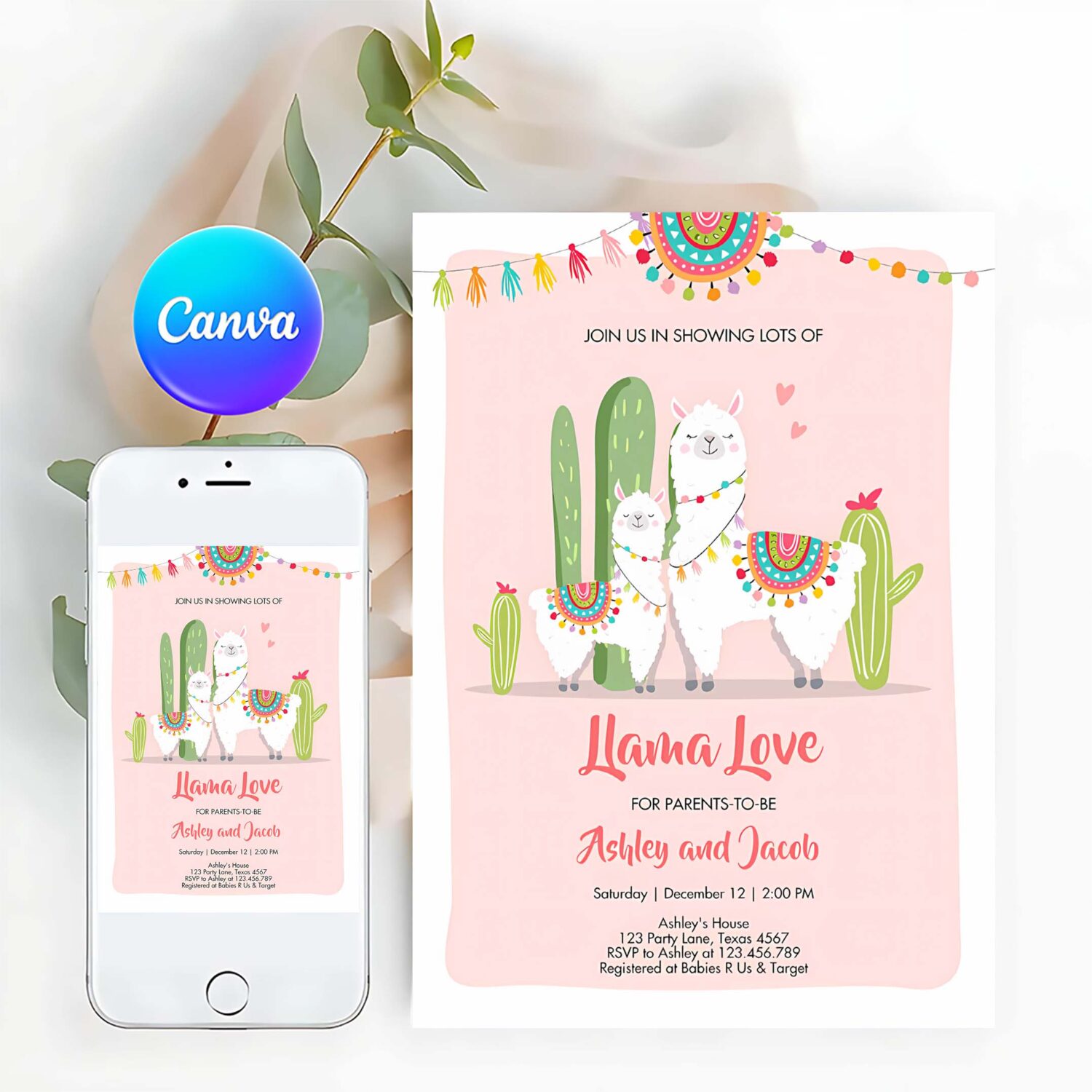 Editable llama baby shower invitation llama love fiesta cactus mexican couples coed shower pink girl download printable corjl template 0079