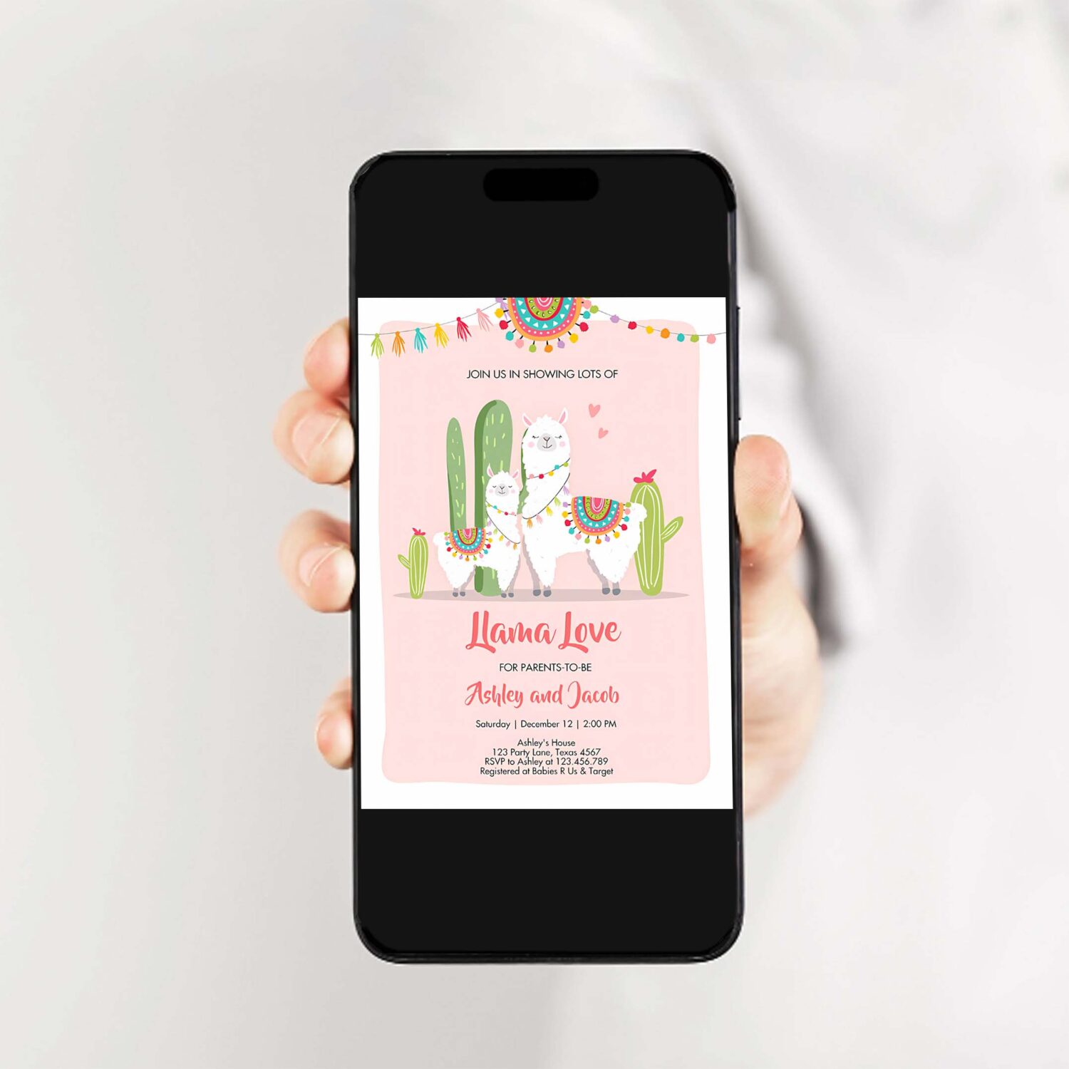Editable llama baby shower invitation llama love fiesta cactus mexican couples coed shower pink girl download printable corjl template 0079 2