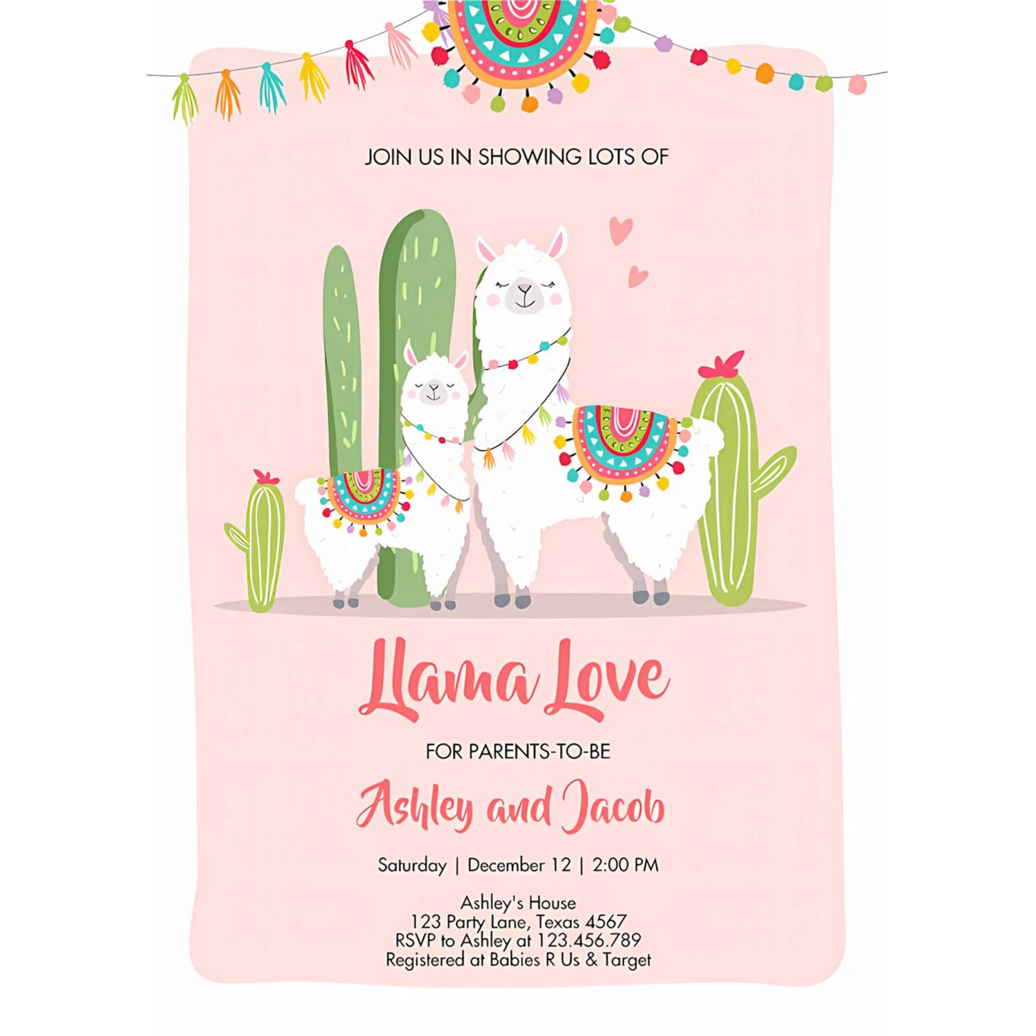Editable llama baby shower invitation llama love fiesta cactus mexican couples coed shower pink girl download printable corjl template 0079 4