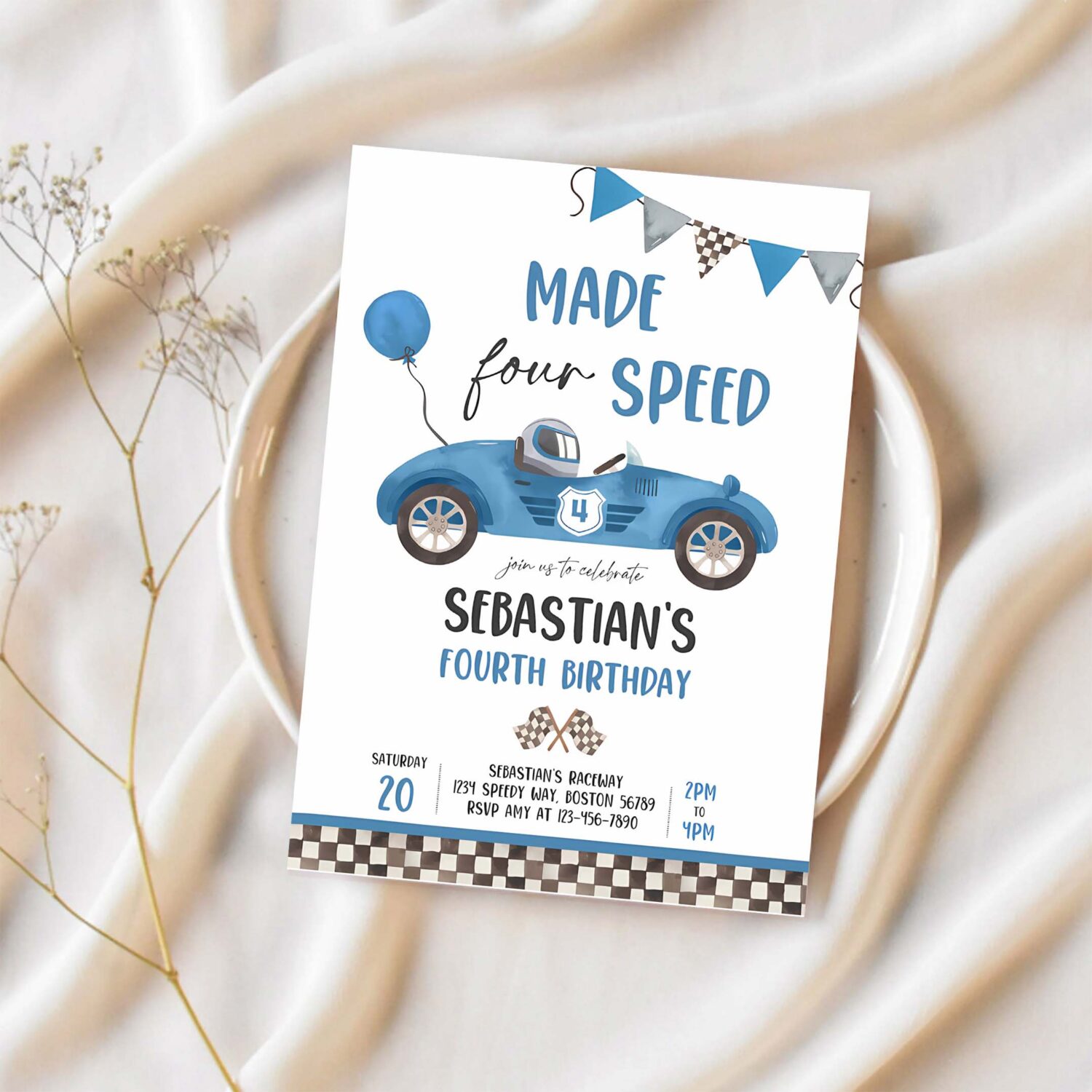 Editable made four speed race car 4th birthday invitation boy vintage blue race car 4th birthday party made 4 speed instant download db5 1