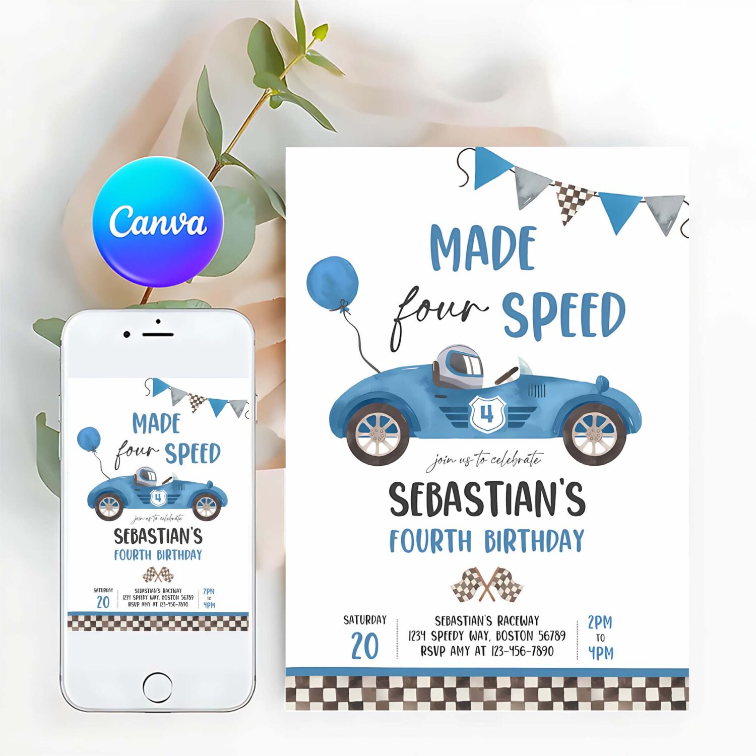 Editable made four speed race car 4th birthday invitation boy vintage blue race car 4th birthday party made 4 speed instant download db5