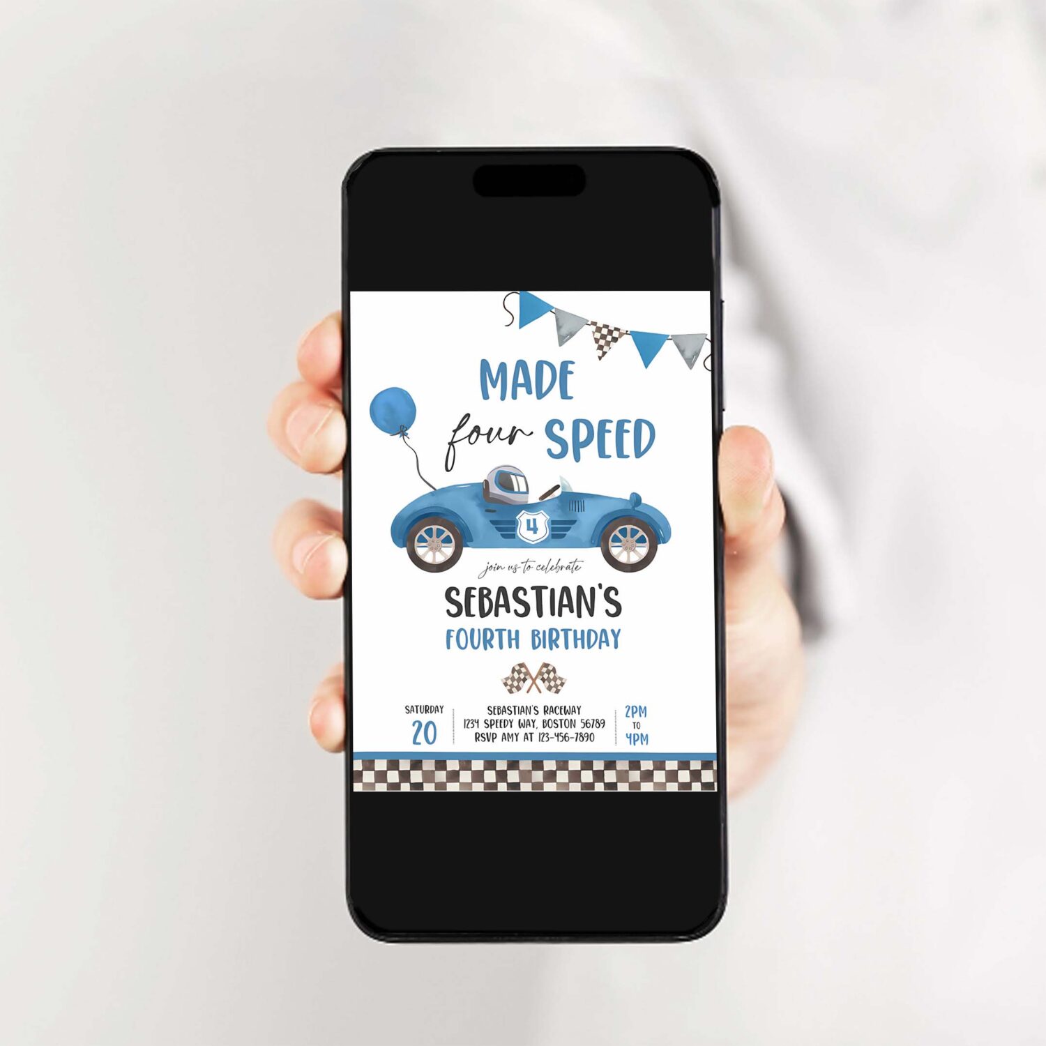 Editable made four speed race car 4th birthday invitation boy vintage blue race car 4th birthday party made 4 speed instant download db5 2