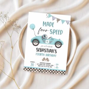 Editable made four speed race car 4th birthday invitation boy vintage blue race car 4th birthday party made 4 speed instant download e5 1