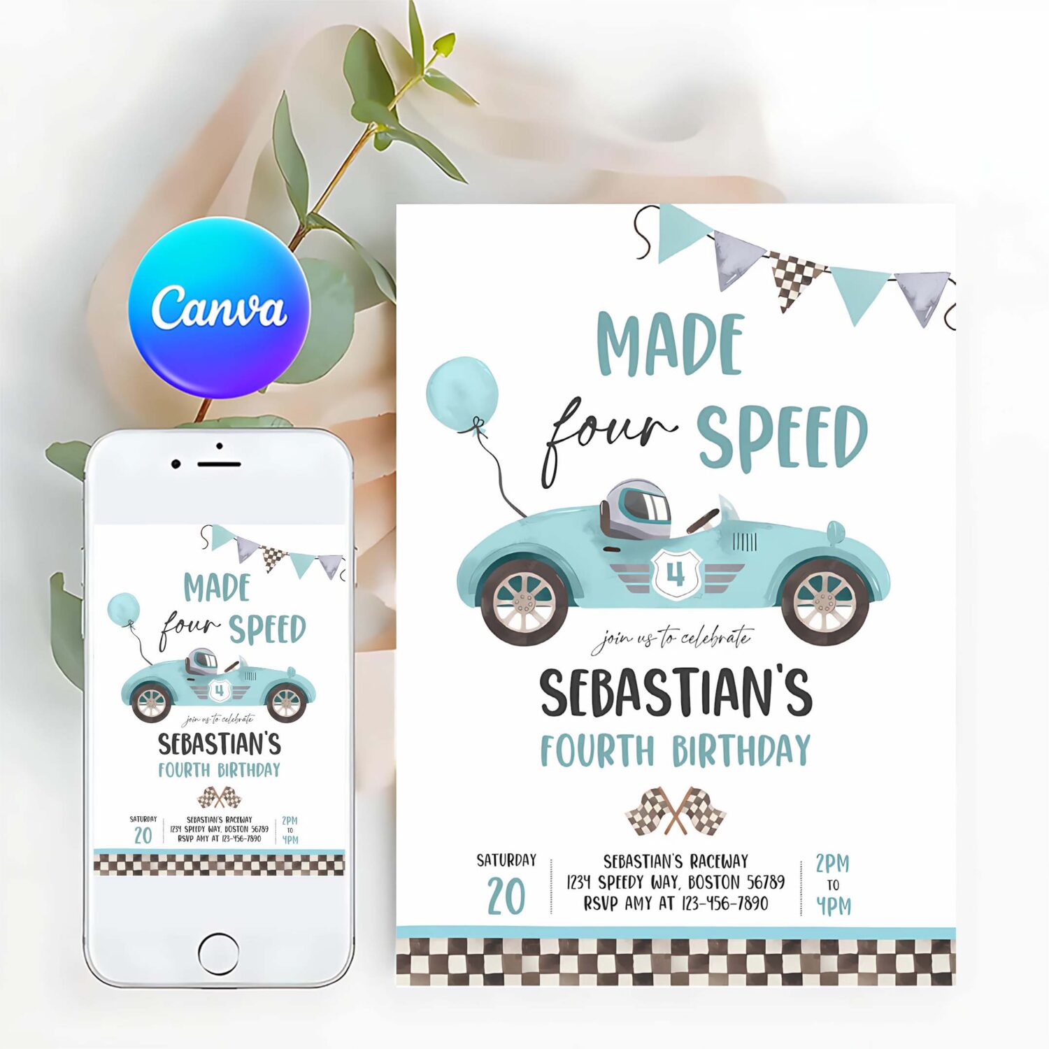 Editable made four speed race car 4th birthday invitation boy vintage blue race car 4th birthday party made 4 speed instant download e5